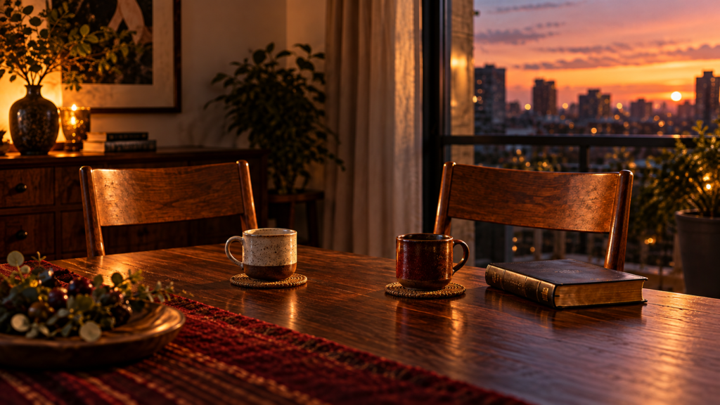 Two wooden chairs, two cups and a closed Bible in a warm room at sunset.